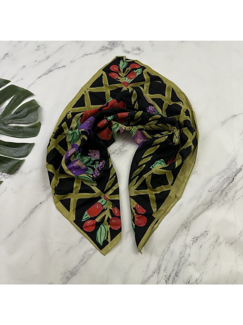Womens Vintage 90s Fruit Print Silk Scarf Large Square Red Purple Floral
